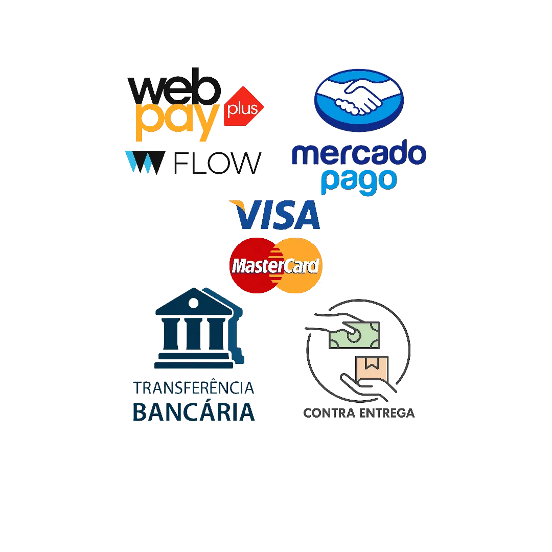 Imagen con logos de métodos de pago: Webpay Plus, Mercado Pago, Visa, MasterCard, Transferencia Bancaria y Contra Entrega